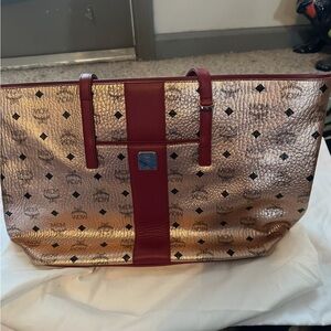MCM Metallic Gold Tote with Red Accents